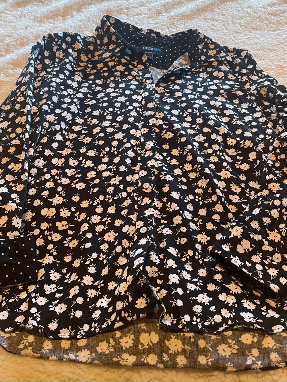 Chaps Black Blouse with White Polka Dot Print